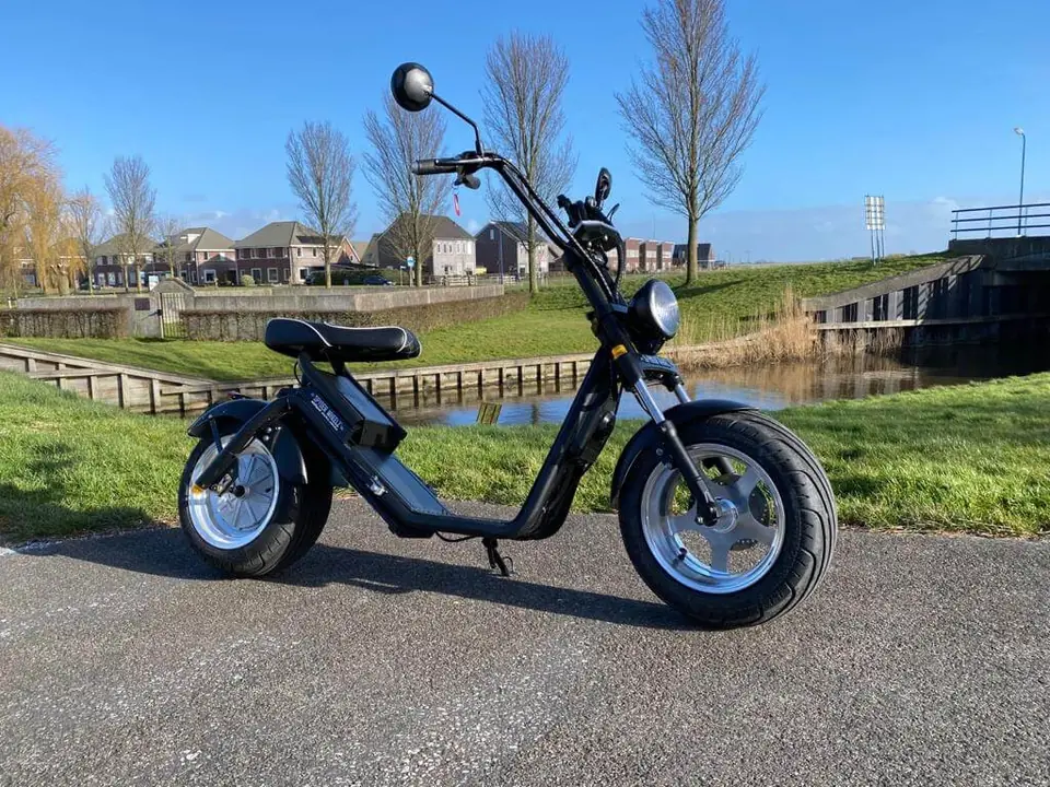 Zwarte e-chopper met dikke banden aan het water